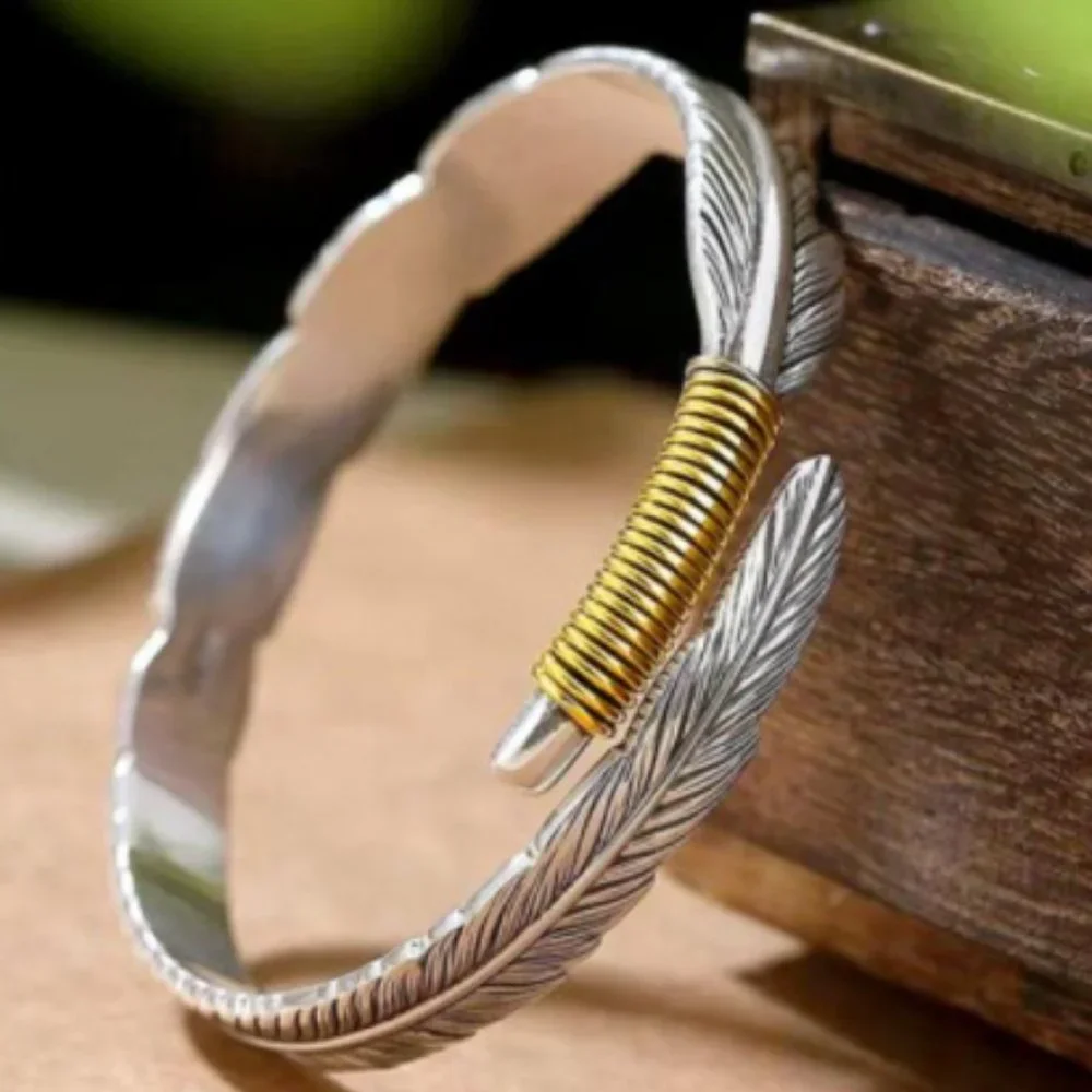 Takahashi Goro's Handmade Silver Golden Feather Cuff Bracelet Bangle Han…